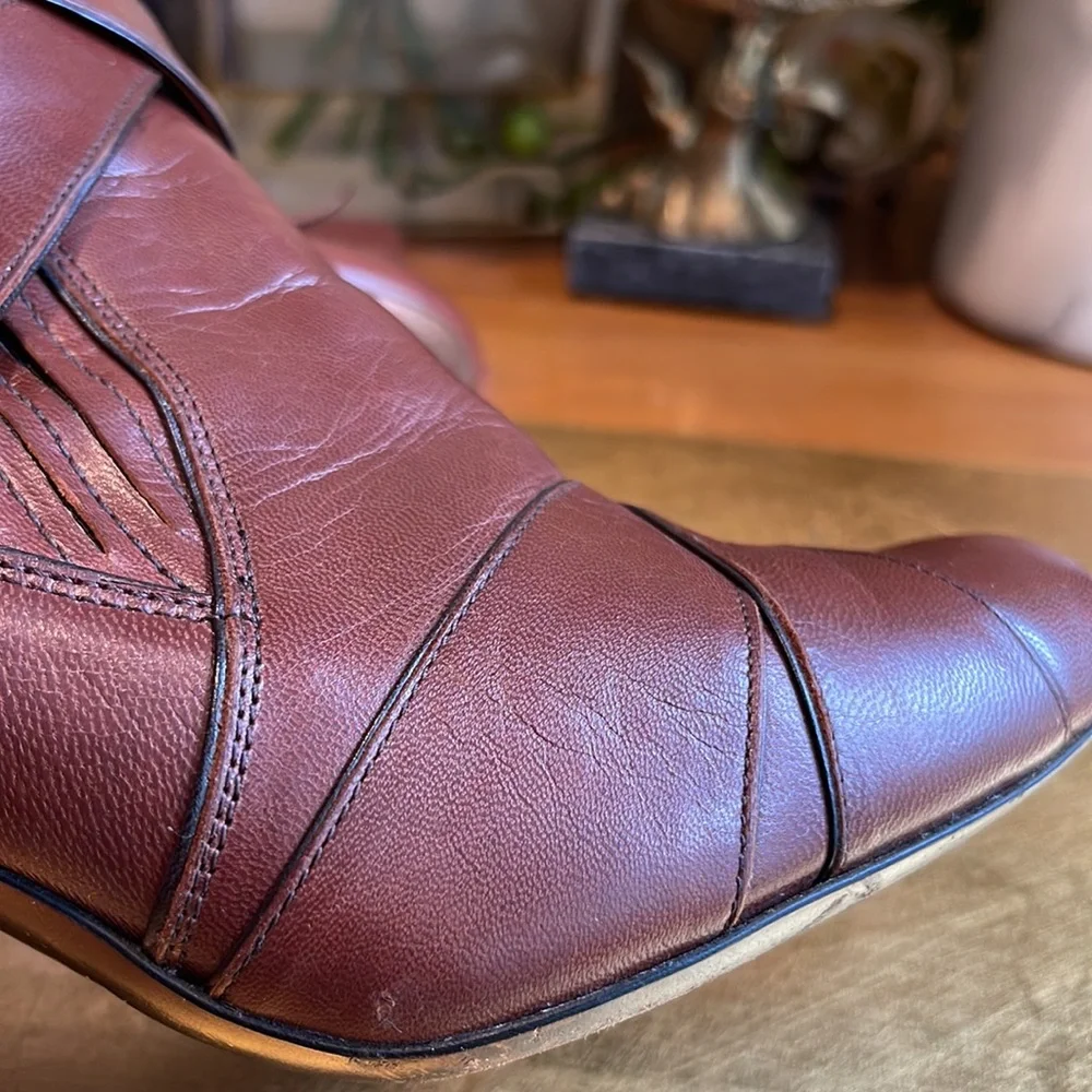 Miu Miu Capretto Stitch Cotto Leather Booties in Brown Leather and Copper